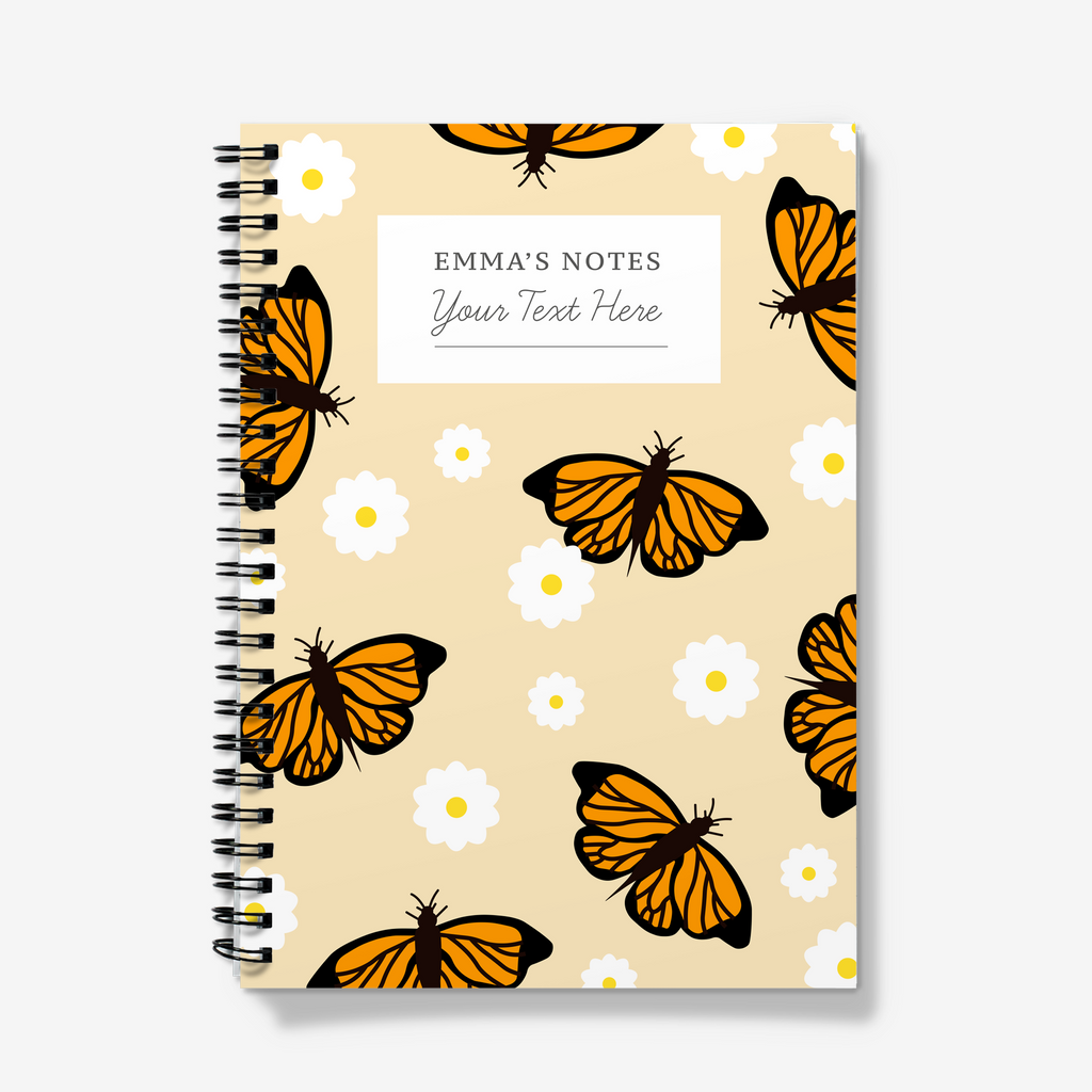 A5 Notebook - Custom Notebook with Butterfly and daisy design on a yellow background