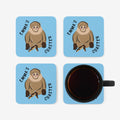 4 blue coasters with cute monkey design and personalised text.