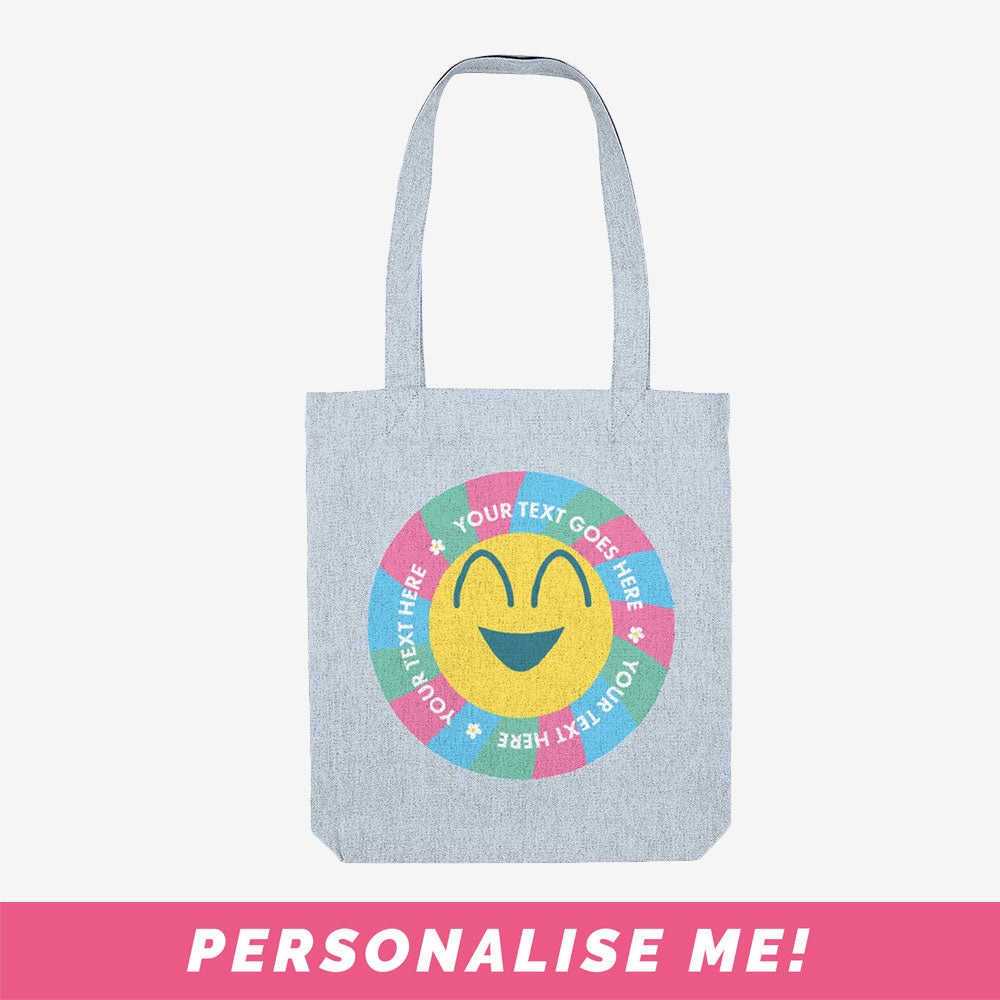 Front of the blue tote bag with personalised text.