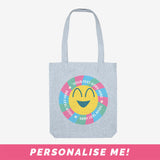 Front of the blue tote bag with personalised text.