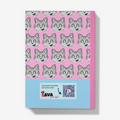 Back of cat notebook with cat pattern and QR code.