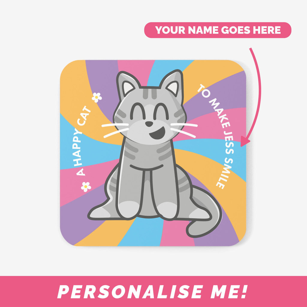 Cat coasters with personalised text and rainbow colours background.