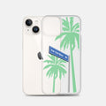 Clear iPhone Case with palm trees and personalised text.
