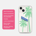 Features of clear iPhone Case with personalised text and palm trees.