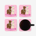 4 pink coasters with llama design and personalised text.