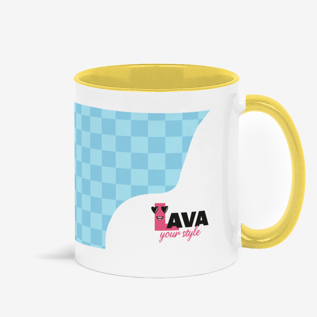 Back of cute coffee mug with checkered background and logo.