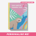 Cute notebook with sloth illustration and personalised text.