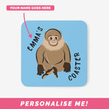 Blue coasters with cute monkey design and personalised text.