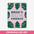 Custom iPad case with tropical leaf pattern and personalised text.