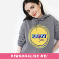 Grey cropped hoodie with sunshine design and personalised text.