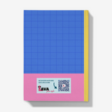 Back of our journal notebook - blue and pink with QR code.