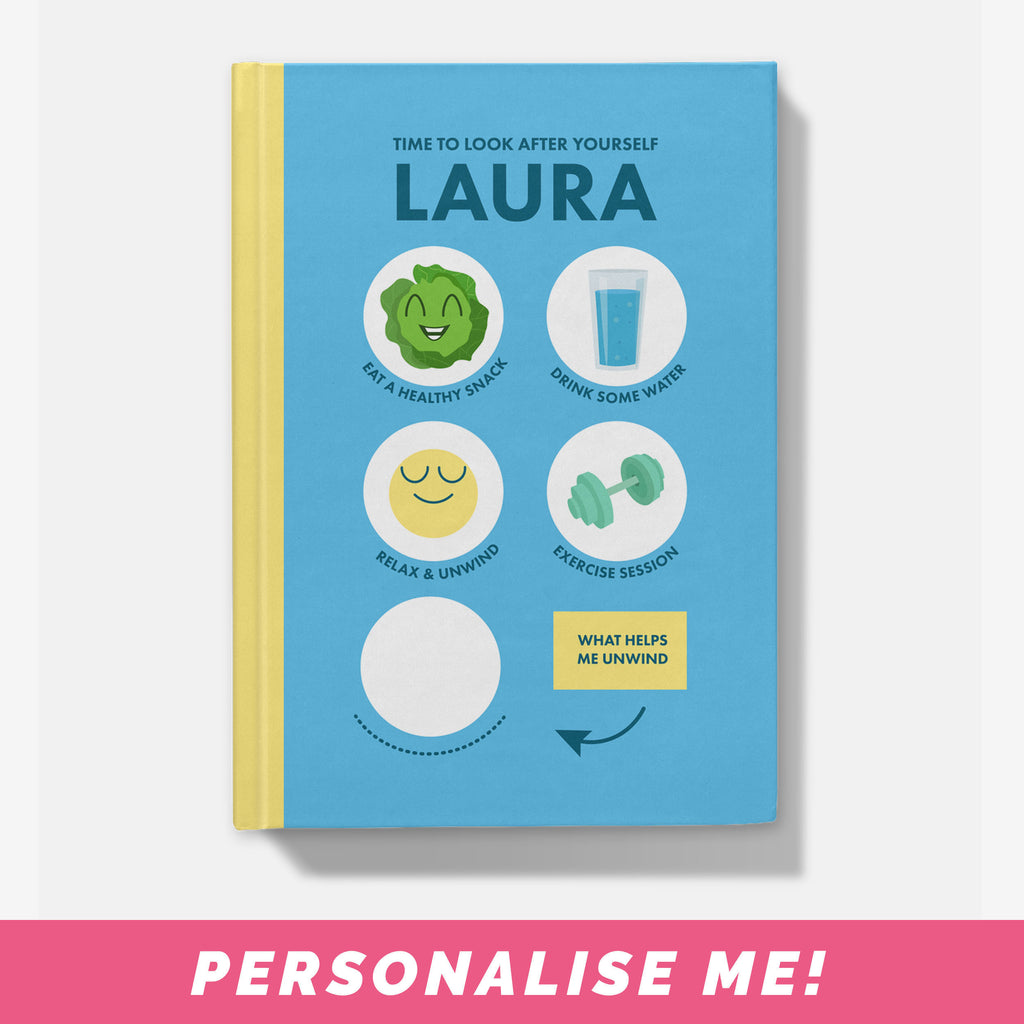 Personalised A5 notebook - blue notebook with self care design.