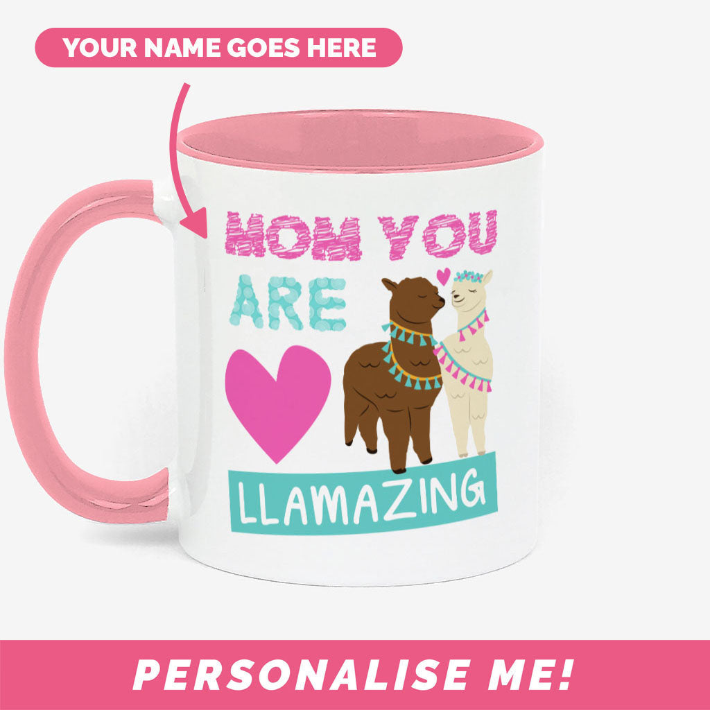 Front of llama mug with illustration.