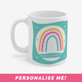 Rainbow mug front with space for personalised text.