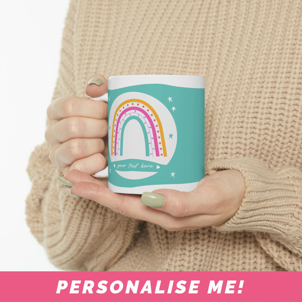 Rainbow mug with place for personalised text.