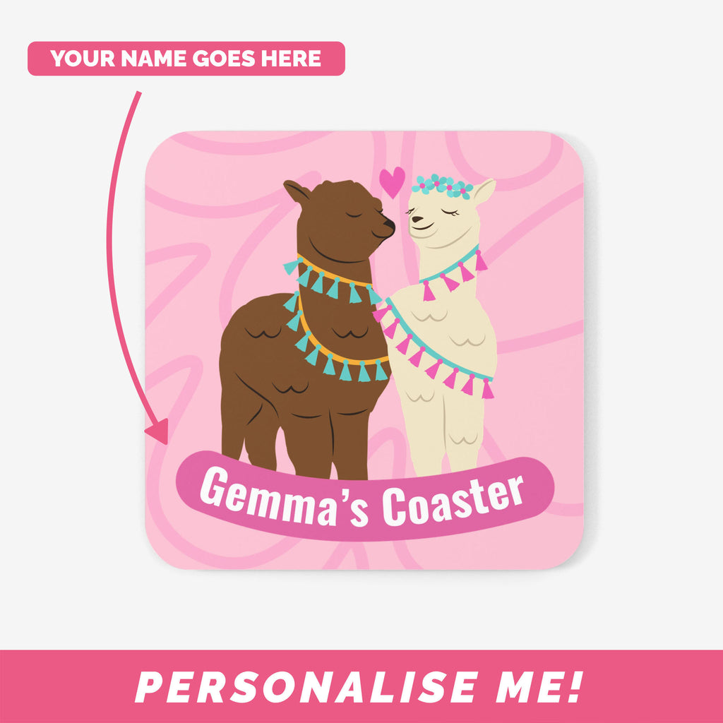 Pink coasters with a cute llama cartoon design and space for your text.