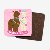 Back of personalised coasters - brown hardboard.