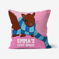 Pink cushion with squirrel design