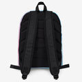 Back of pink and blue backpack - plain black.