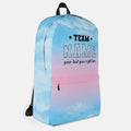 Side of pink and blue backpack.