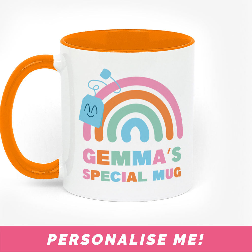 Personalised name mugs with a cute rainbow design and personalised text.