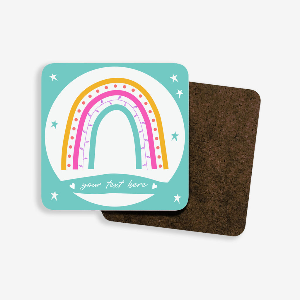 Back of our personalised coasters with rainbow design - brown hardboard.