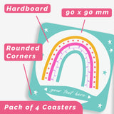 Features of our personalised coasters with a cute rainbow design.