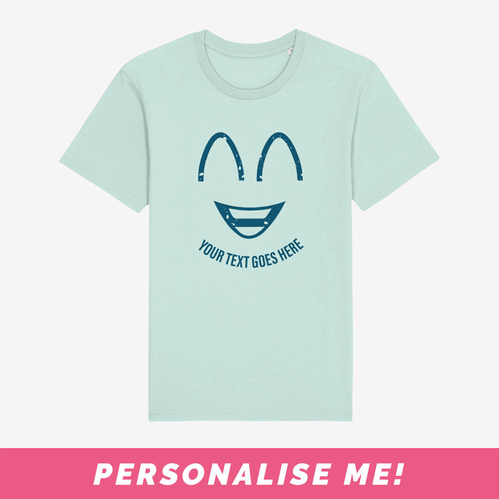 Personalised t-shirt with smiley face art and place to add your own text.