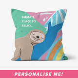 Personalised cushion with a colourful sloth design.