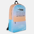 Unique backpack side view - blue and orange backpack with personalised text.