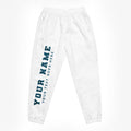 White track pants flat with personalised text.