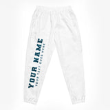 White track pants flat with personalised text.