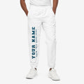Front of white track pants with a place to add in your own name and text.