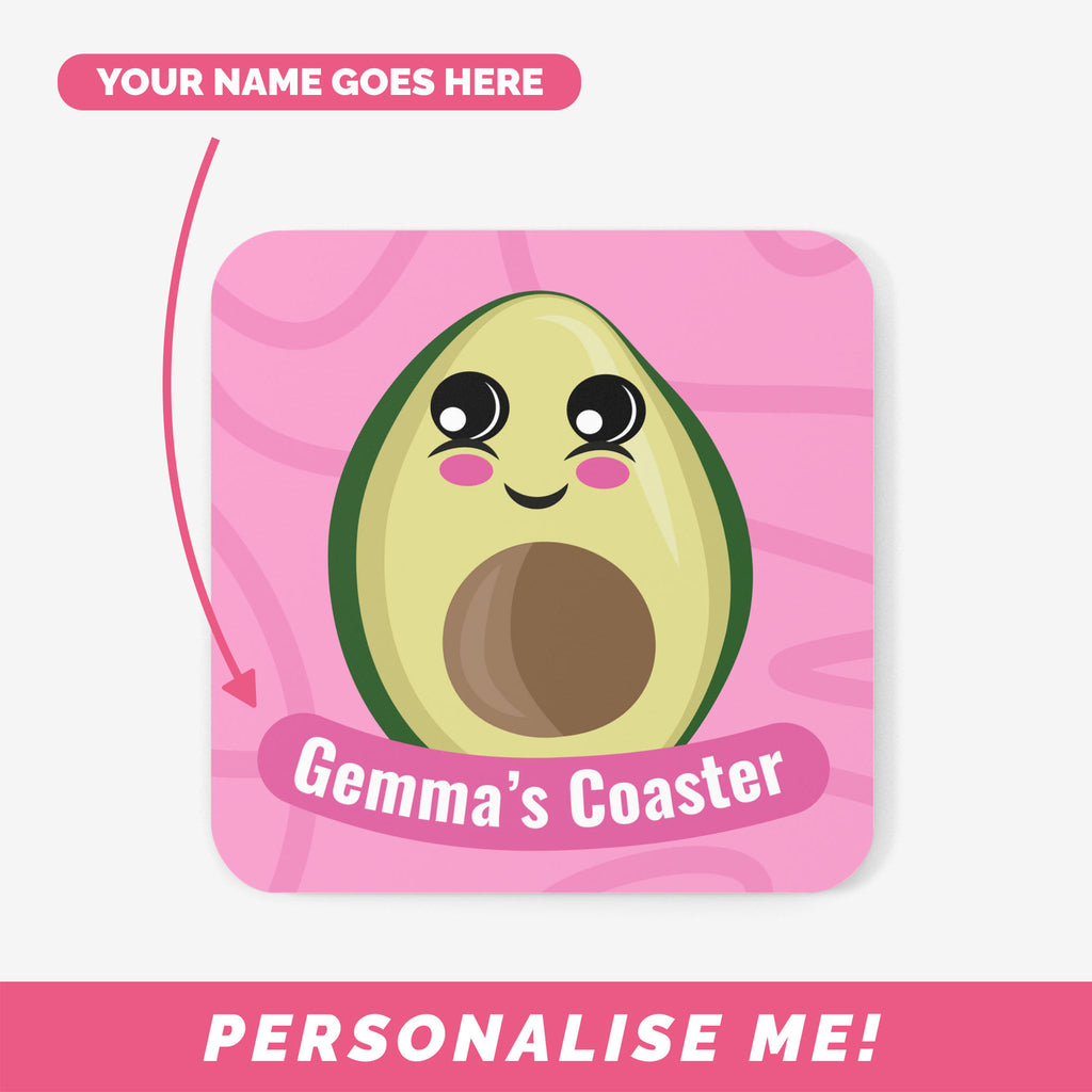 Pink coasters with avocado illustration and personalised text.