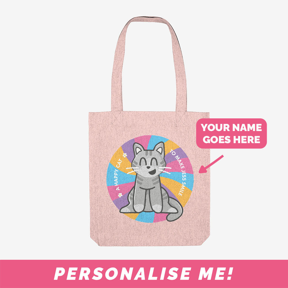 Front of the cat tote bag - it's a pink tote bag with a cute design.