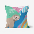 Personalised cushion with a colourful sloth design.